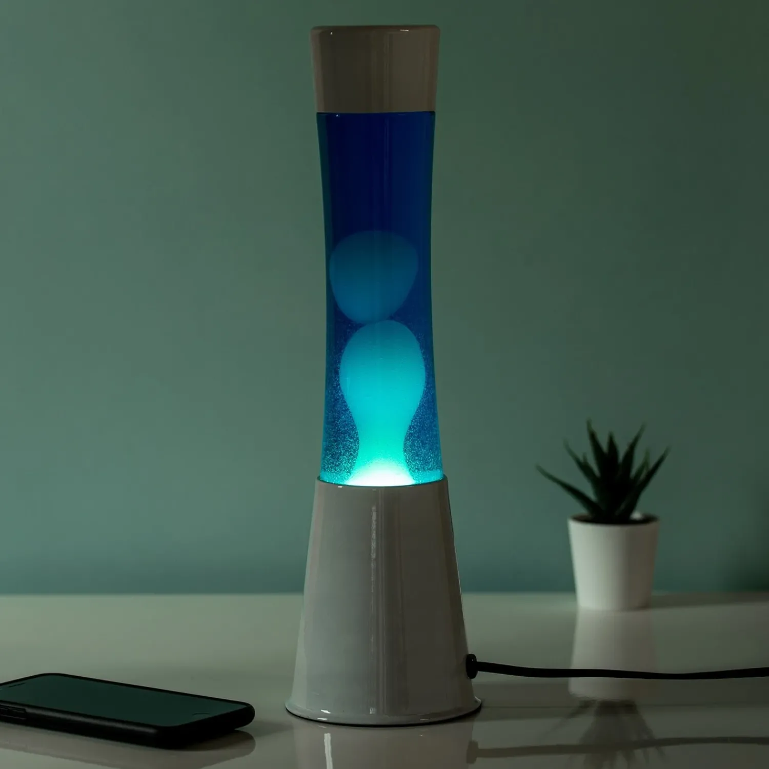 Ditverzinjeniet Verlichting|Lavalampen|Lavalamp wit met blauwe vloeistof en mint lava