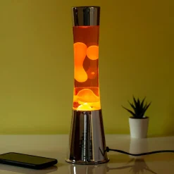 Ditverzinjeniet Lavalampen|Lavalamp zilver met oranje vloeistof en oranje lava