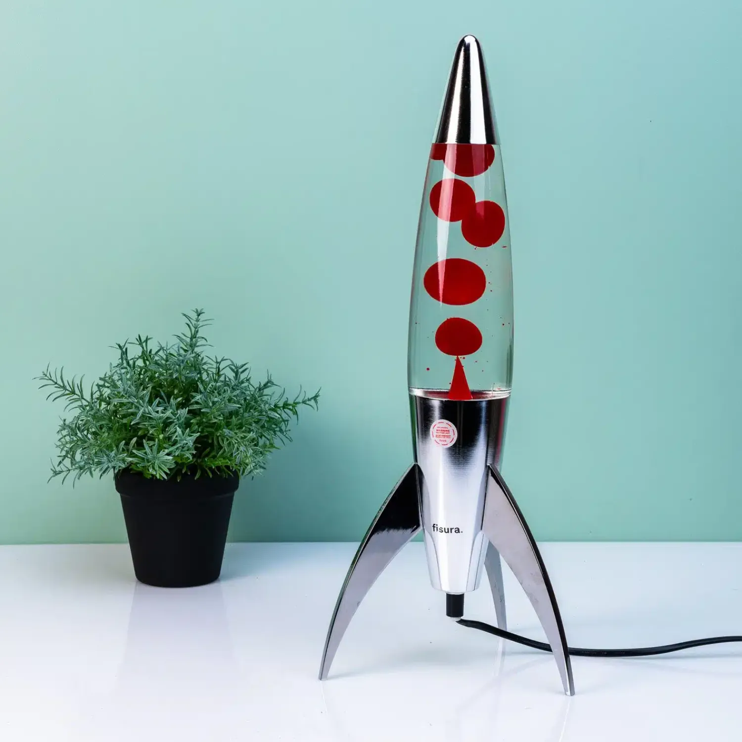 Ditverzinjeniet Lavalampen|Rocket lavalamp zilver met rode lava